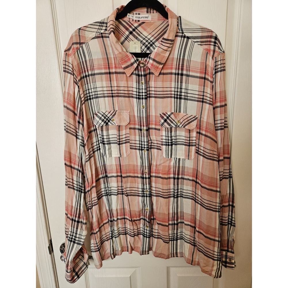 NWT Maurices LS Black/Pink/White Women's Plaid Button-Down Shirt, Plus 4X